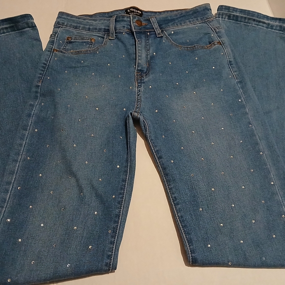 Bebe Woman's Straight Leg Mid Rise Jeans Rhinestone Size 27 Blue Denim Jeans #5A - Picture 2 of 16